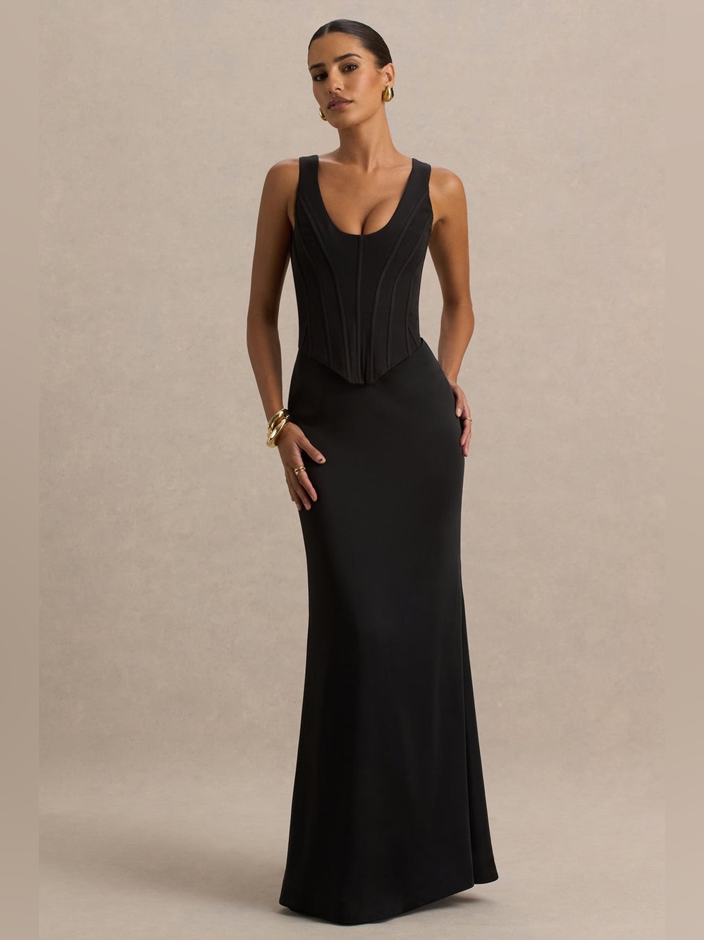 Club L London NWT Morgan Black Satin Corset Maxi Dress Sculpted Formal Black Tie